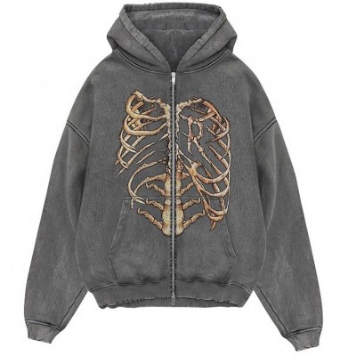 Custom High Quality Vintage Acid Wash Distressed Skeleton Hoodie For Men Organic Cotton Zip Up Skeleton Jacket